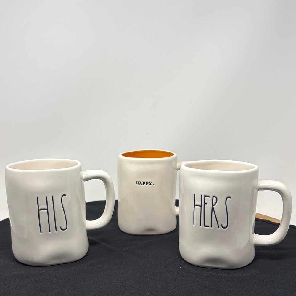 RAE DUNN Artisan Collection Set of 3 Mugs His Hers Happy